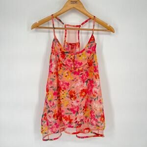 Y2K Bongo Floral Racerback Tank Sz L Sheer Ruffle Flower 70s Festival Boho Color